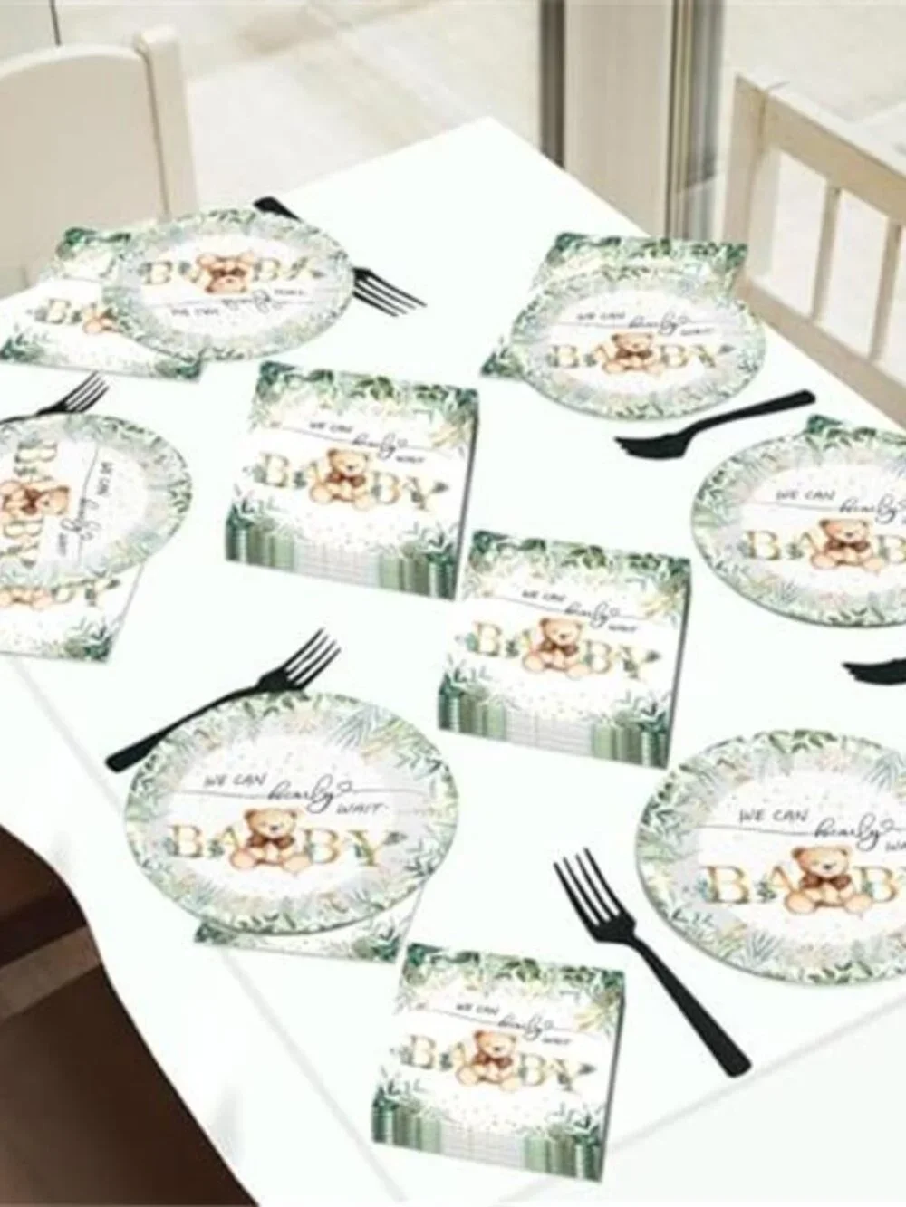 Sage Green Teddy Bear Baby Shower Plates Napkins Forks Party Supplies Set